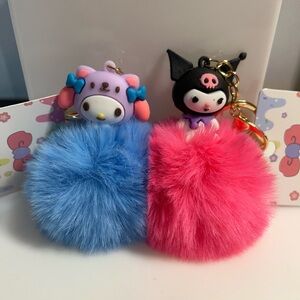 Sanrio-Inspired My Melody-Blue and Kuromi-Pink Pom Keychain Bag charm  Set
